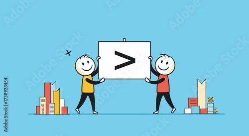 Two stick figures holding a sign with a greater than symbol between two bar charts.