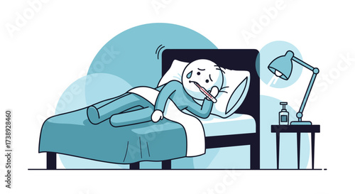 Person feeling unwell in bed with a thermometer in their mouth and a lamp on the bedside table indicating illness.