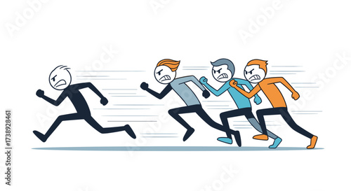 Four stick figures running in a race with one figure in the lead.