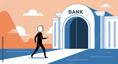 A person walks toward the entrance of a bank building to conduct financial transactions.