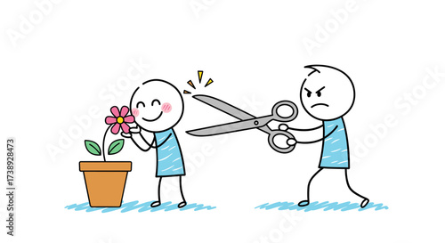 A person happily tending to a potted flower is threatened by another person wielding scissors.