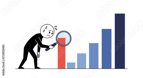 A stressed individual examines a bar graph using a magnifying glass showing the increase in data over time.