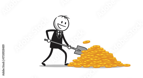 A happy businessman in a suit shoveling a huge pile of golden coins.