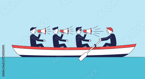 Team members communicating with megaphones while rowing a boat together.