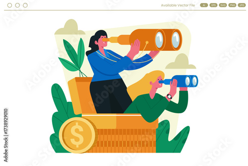 Two women look through binoculars from a treasure chest filled with coins