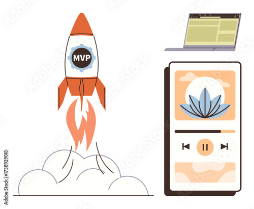 Rocket with MVP logo launching among clouds, a laptop, and a meditation audio app screen. Ideal for entrepreneurship, innovation, product launch, mindfulness, app design strategy technology. Simple
