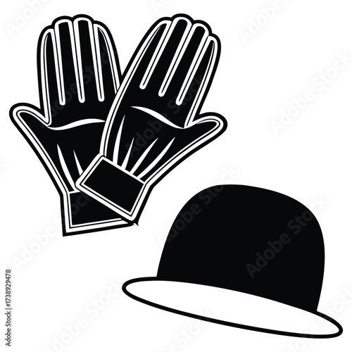 A black silhouette of a glove and a hat