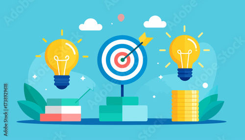 Illustration of lightbulbs, target, and coins on a blue background.