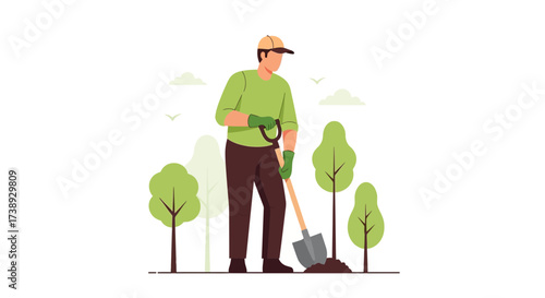 Gardener Planting Trees in Serene Backyard Illustration with Eco-Friendly Approach