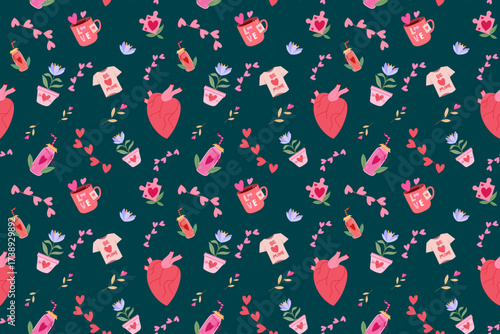 Valentines Day pattern with hearts mugs plants and tshirts