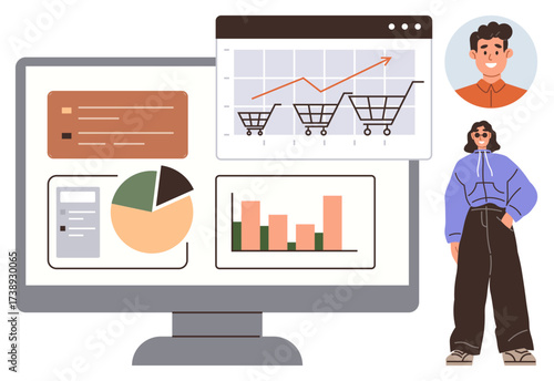 Desktop monitor showing e-commerce charts, graphs, shopping cart trends, and text fields two user avatars nearby. Ideal for analytics, marketing, e-commerce, business growth, customer insights