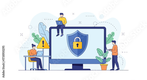 Vector illustration of illustration of cybersecurity concept with people securing a computer with a shield and lock, perfect for digital safety and data protection