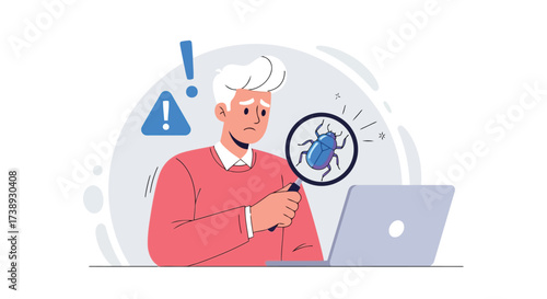 Vector illustration of a worried man looking at a laptop with a bug and an exclamation mark, representing a computer virus or software error