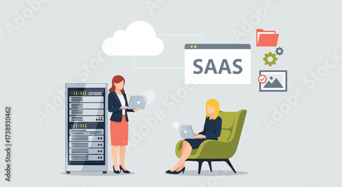 Vector illustration of two businesswomen using laptops with a cloud, server, and saas graphic, illustrating software as a service and cloud computing