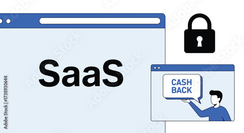 Vector illustration of illustration promoting saas with cashback offer and security, featuring a padlock and web browser interface