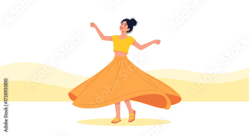 Happy Woman Twirling Joyfully in a Flowing Orange Dress with Open Arms Smiling