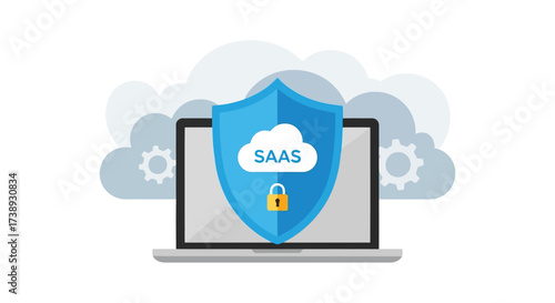 Vector illustration of laptop with a shield and cloud icon representing saas software as a service security