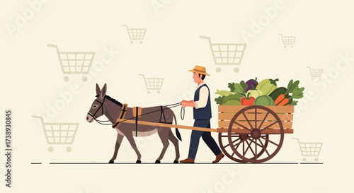 Harvesting Vegetables: A Farmer Guides Donkey-Drawn Cart Toward Market Shopping Symbol