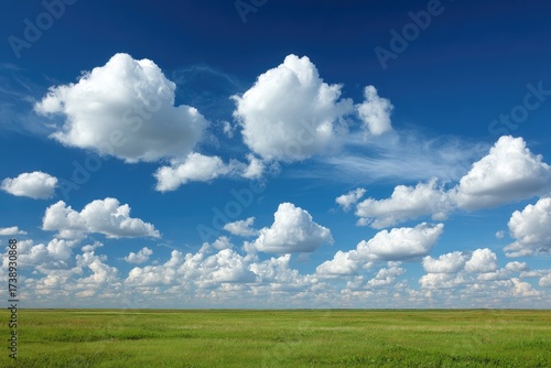 Vast, grassy plain under a brilliant blue sky dotted with puffy white clouds