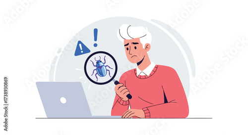 Vector illustration of a worried programmer looking at a bug on his laptop screen through a magnifying glass concept of software testing and debugging