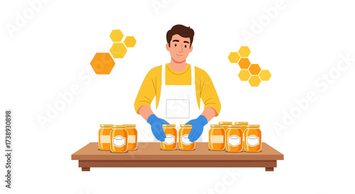 Honey Production: A Beekeeping Professional With Jars Of Golden Nectar And Honeycomb Design