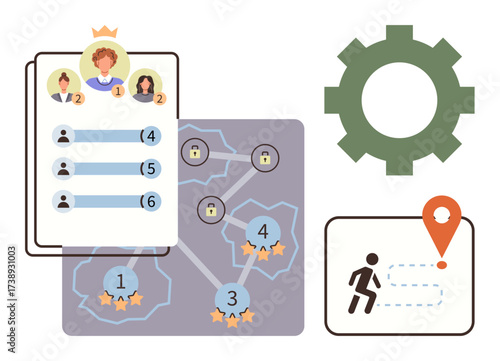 Leaderboard with user rankings, progress map showing locked and completed levels, and a runner tracking journey. Ideal for gamification, workflow, progress visualization, goal tracking, project