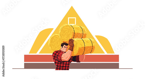 Illustrative Farmer Carrying Hay Bales Depicting the Essence of Harvest Season