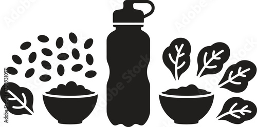 Healthy lifestyle ingredients and water bottle silhouette