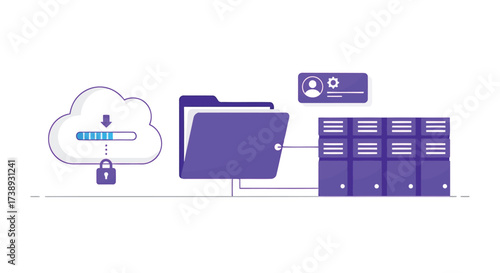 Vector illustration of cloud storage and data security concept with folder, server, and user profile secure data transfer and backup with cloud technology