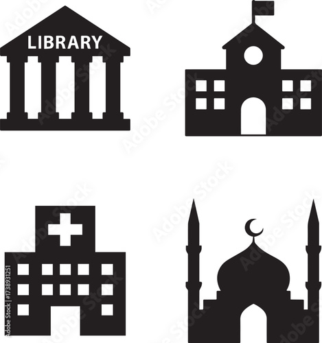 Collection of diverse architectural building illustrations including a library isolated on white background