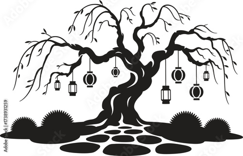 Silhouette of a weeping willow tree with lanterns hanging from branches