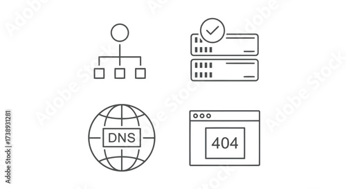 Vector illustration of set of vector icons representing various network and server states, including network topology, server status, dns configuration, and error 404