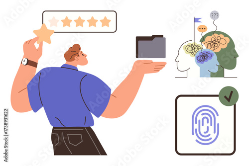 Man holding a star and file folder. Includes elements thumbs up mental health icons, fingerprint with checkmark, and five-star rating bar. Ideal for workflow, data analysis, rating, mental health