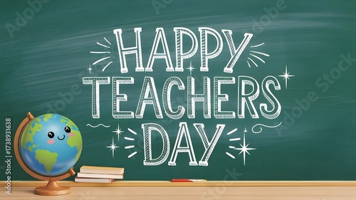 Happy Teachers Day Text with Chalkboard Background and Cartoon Globe Illustration