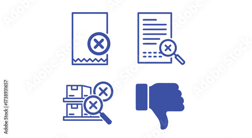Vector illustration of blue icon set representing various negative concepts, including rejected application, failed inspection, and disapproval