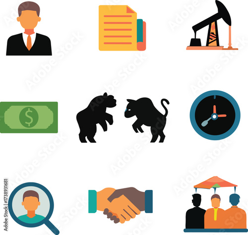 Business finance icons, market trends, oil industry, executive role, time management, partnership, recruitment, documentation, teamwork, bear bull market, currency, handshake, corporate analysis