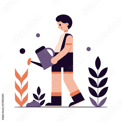 Child watering garden plants with watering can in colorful landscape, minimalist design  