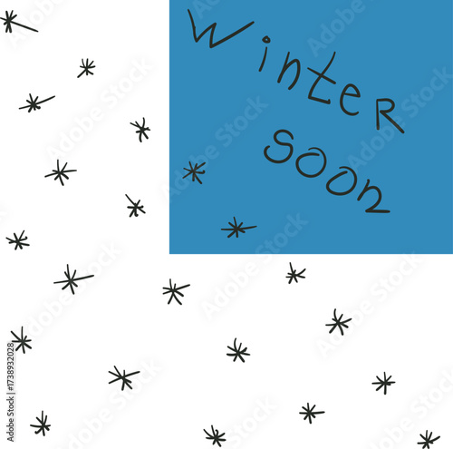 On the screen there are two words "winter" and "soon", and on the other side there are stars or snowflakes.