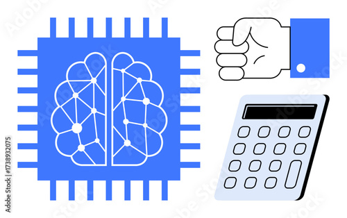 Microchip with neural brain network, hand gesture, calculator. Ideal for AI, technology, decision-making, innovation, problem-solving education automation. A simple flat metaphor
