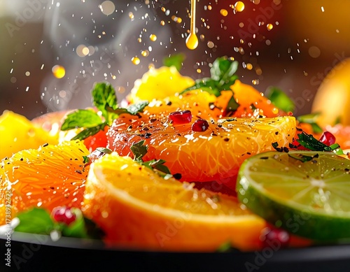 Close-up of citrus salad with a fine mist of passionfruit sauce raining over it, vibrant and juicy textures