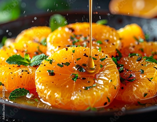 Close-up of citrus salad with a fine mist of passionfruit sauce raining over it, vibrant and juicy textures