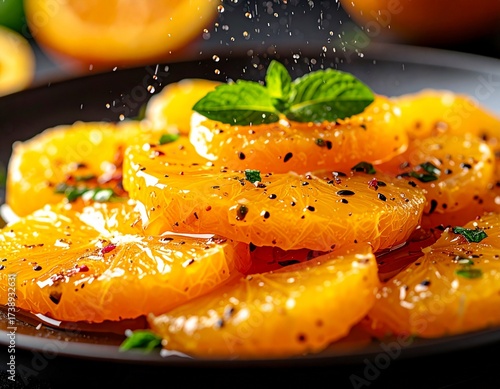 Close-up of citrus salad with a fine mist of passionfruit sauce raining over it, vibrant and juicy textures