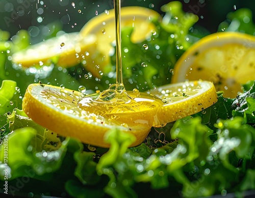 Macro of garden salad hit by falling drops of lemon dressing above highly textured greens