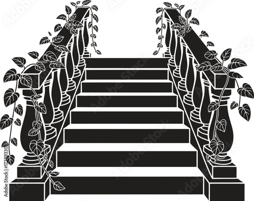 Ornate black and white staircase with floral embellishments
