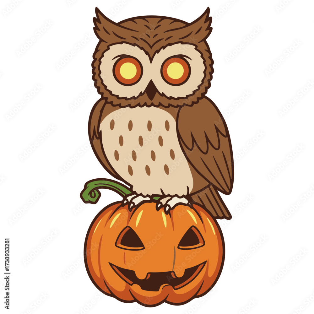 Obraz premium Spooky Owl with Glowing Eyes Perched on a Halloween Pumpkin