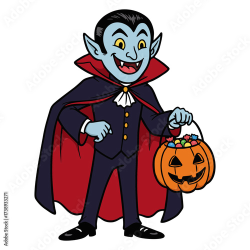 Cartoon Vampire Boy with Candy Bucket for Halloween