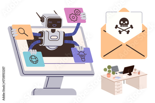 Robot emerging from computer screen manipulating data icons beside opened malicious email and office desk. Ideal for cyber crime, security, hacking, data theft, online threats, digital safety, IT