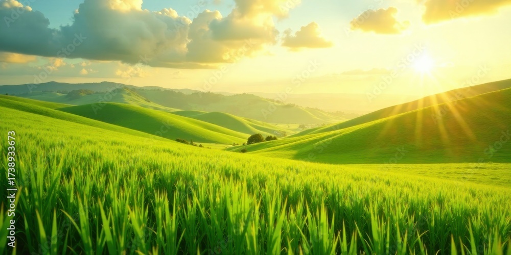 Obraz premium Serene Sunset Over Rolling Green Hills and Lush Meadow