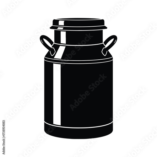 Vintage black and white illustration of a traditional milk can