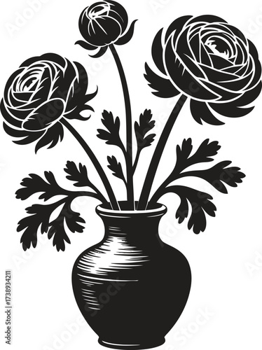 Black and white illustration of ranunculus flowers in a vase